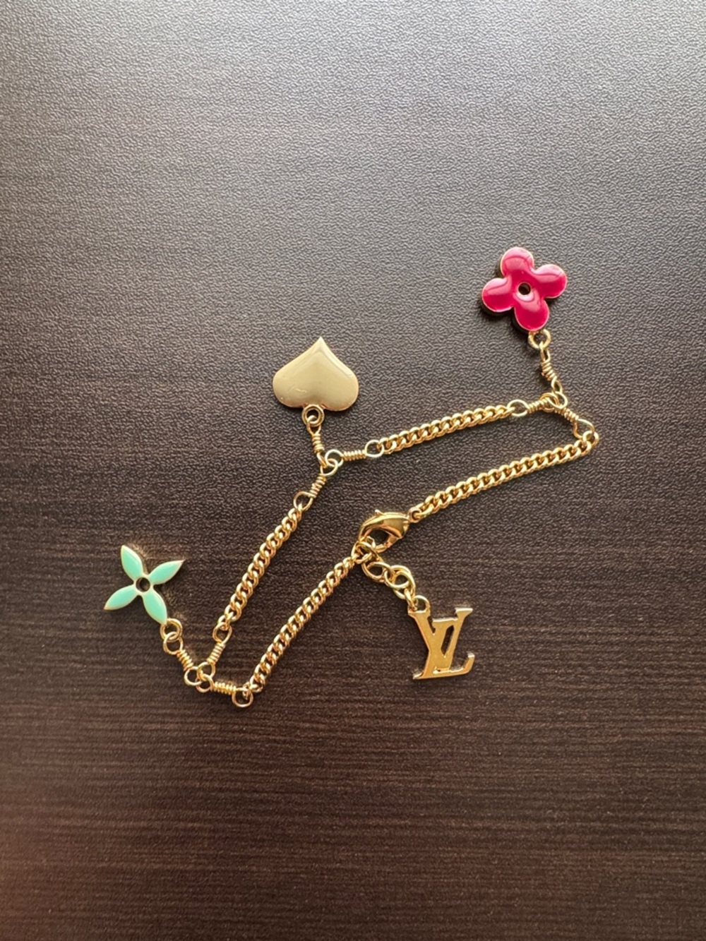 Louis Vuitton Gold Chain Bracelet with Pink and Mint Flower Charms